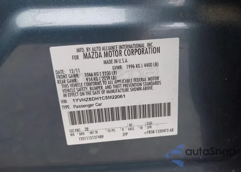 2012 Mazda Mazda6 I Touring z USA, uszkodzony, nr VIN 1YVHZ8DH1C5M22061